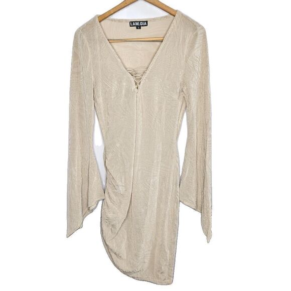 I.am.gia Amina Dress Asymmetrical Plunge Neck Tan Size L - Picture 1 of 7